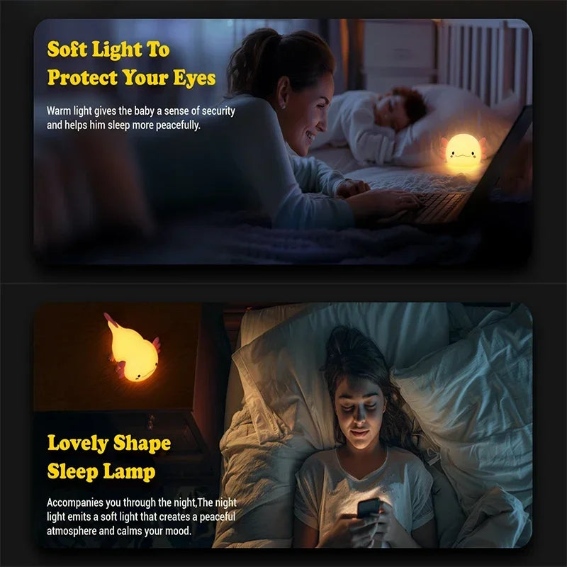 Cute Axolotl Night Light Silicone, Touch Control Nightlights USB Rechargeable