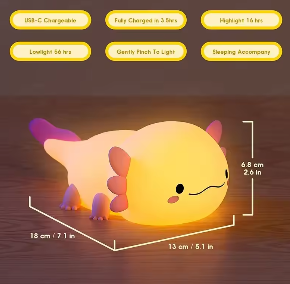 Cute Axolotl Night Light Silicone, Touch Control Nightlights USB Rechargeable