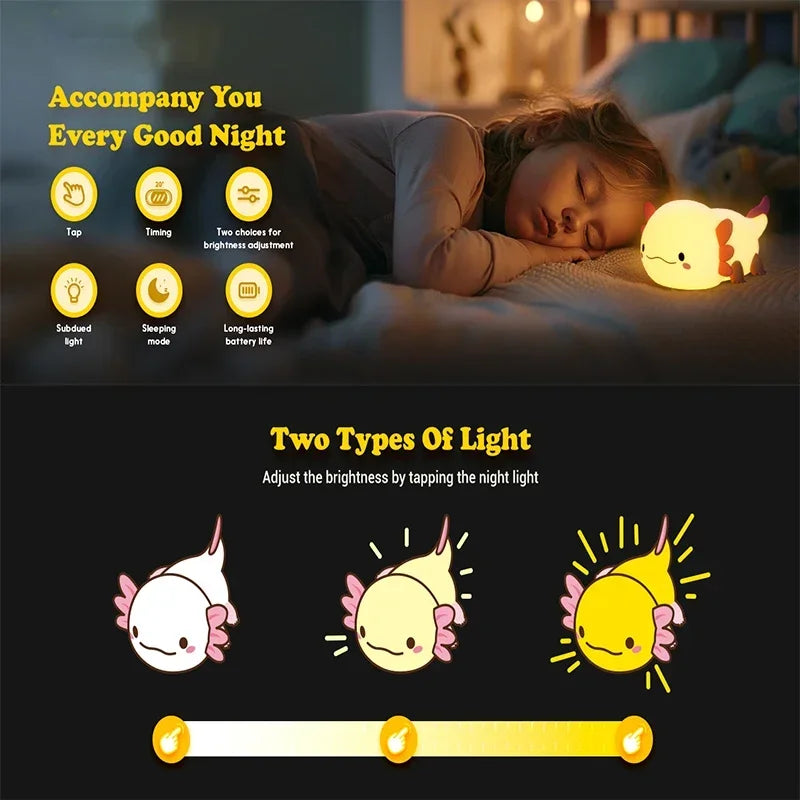 Cute Axolotl Night Light Silicone, Touch Control Nightlights USB Rechargeable